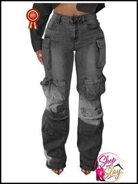 Rhinestone Cargo Jeans High Waisted Ripped Stretchy Denim Pants Y2K